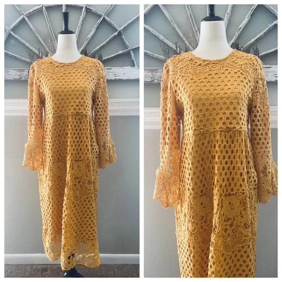Orange Creek Mustard Lace Midi Dress Size Small - Picture 1 of 16